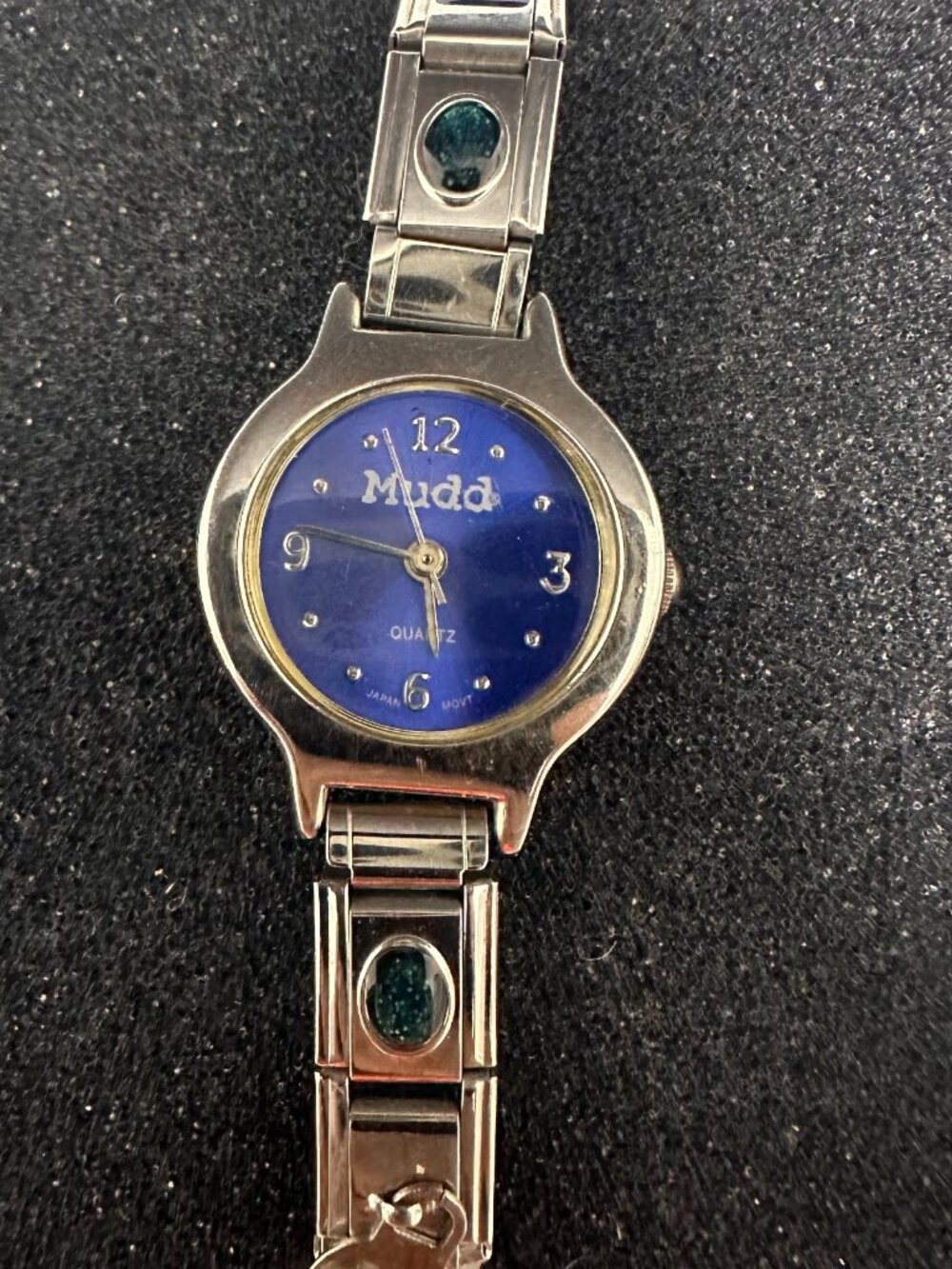 Mudd Watch Women Silver Tone Blue Dial Italian Charms Stretch Band Y2K 6"